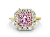 Yellow gold Fancy Pink Princess  Halo Cluster Diamond Engagement Ring with Prong Setting and Polished Band_63