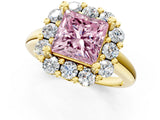 Yellow gold Fancy Pink Princess  Halo Cluster Diamond Engagement Ring with Prong Setting and Polished Band_64