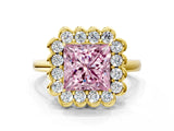 Yellow gold Fancy Pink Princess  Halo Cluster Diamond Engagement Ring with Solitaire Band and Prong Setting_46