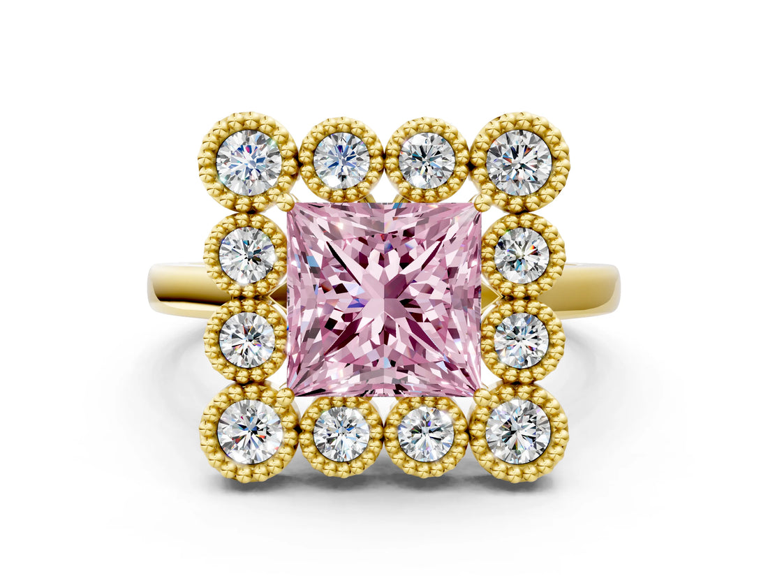 Yellow gold Fancy Pink Princess  Halo Diamond Cluster Engagement Ring with Milgrain Bezel Setting and Solitaire Band_27