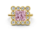 Yellow gold Fancy Pink Princess  Halo Diamond Cluster Engagement Ring with Milgrain Bezel Setting and Solitaire Band_27