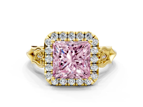 Yellow gold Fancy Pink Princess  Halo Diamond Engagement Ring with Filigree Band and Four-Prong Setting