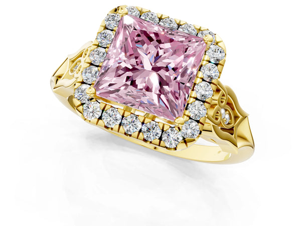 Yellow gold Fancy Pink Princess  Halo Diamond Engagement Ring with Filigree Band and Four-Prong Setting