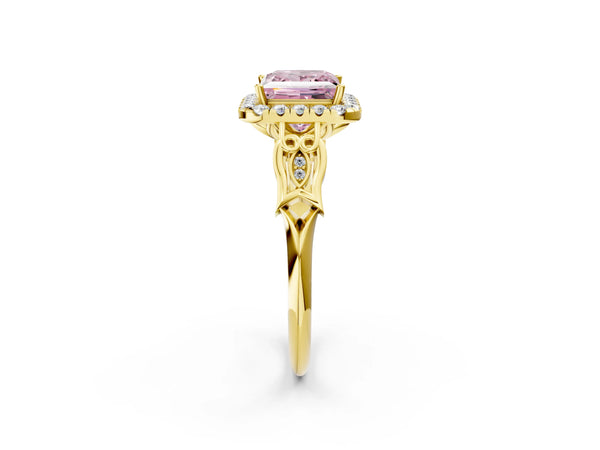 Yellow gold Fancy Pink Princess  Halo Diamond Engagement Ring with Filigree Band and Four-Prong Setting