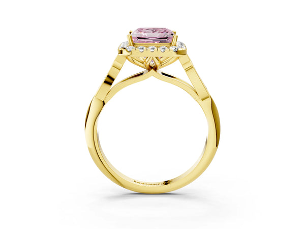 Yellow gold Fancy Pink Princess  Halo Diamond Engagement Ring with Filigree Band and Four-Prong Setting
