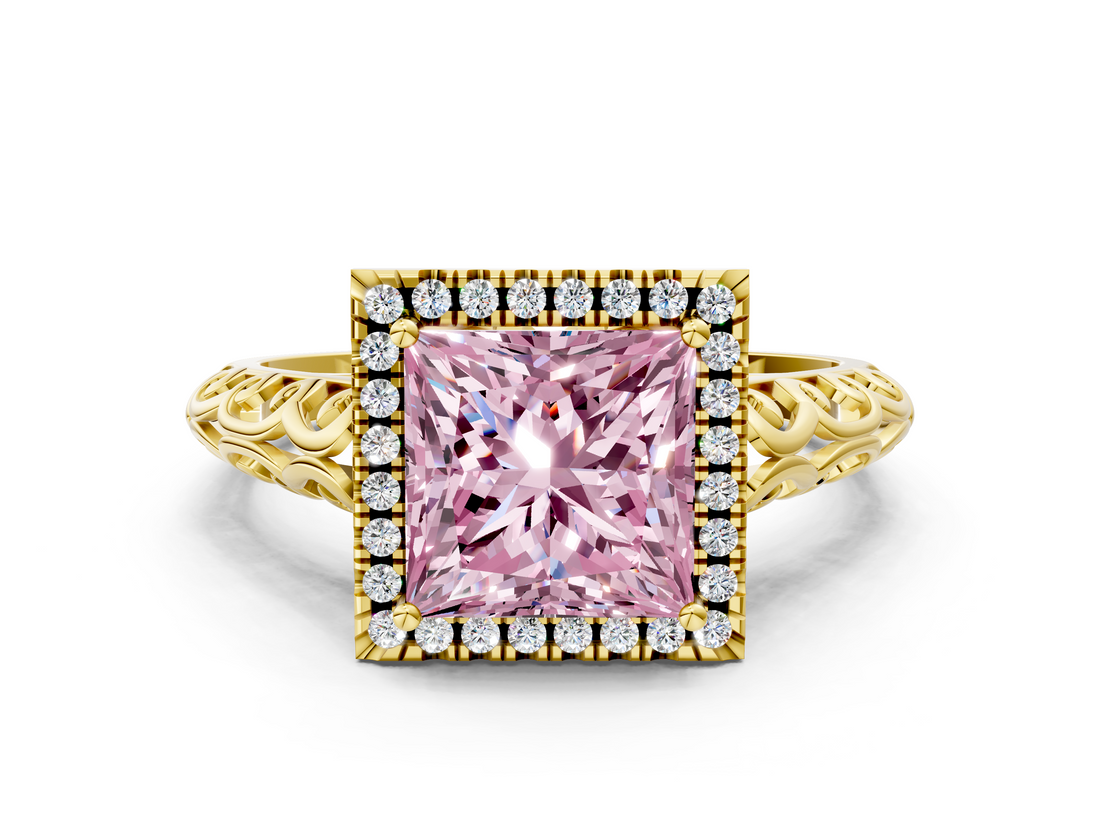 Yellow gold Fancy Pink Princess  Halo Diamond Engagement Ring with Intricate Filigree Band and Four-Prong Setting