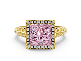 Yellow gold Fancy Pink Princess  Halo Diamond Engagement Ring with Intricate Filigree Band and Four-Prong Setting