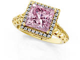 Yellow gold Fancy Pink Princess  Halo Diamond Engagement Ring with Intricate Filigree Band and Four-Prong Setting_1