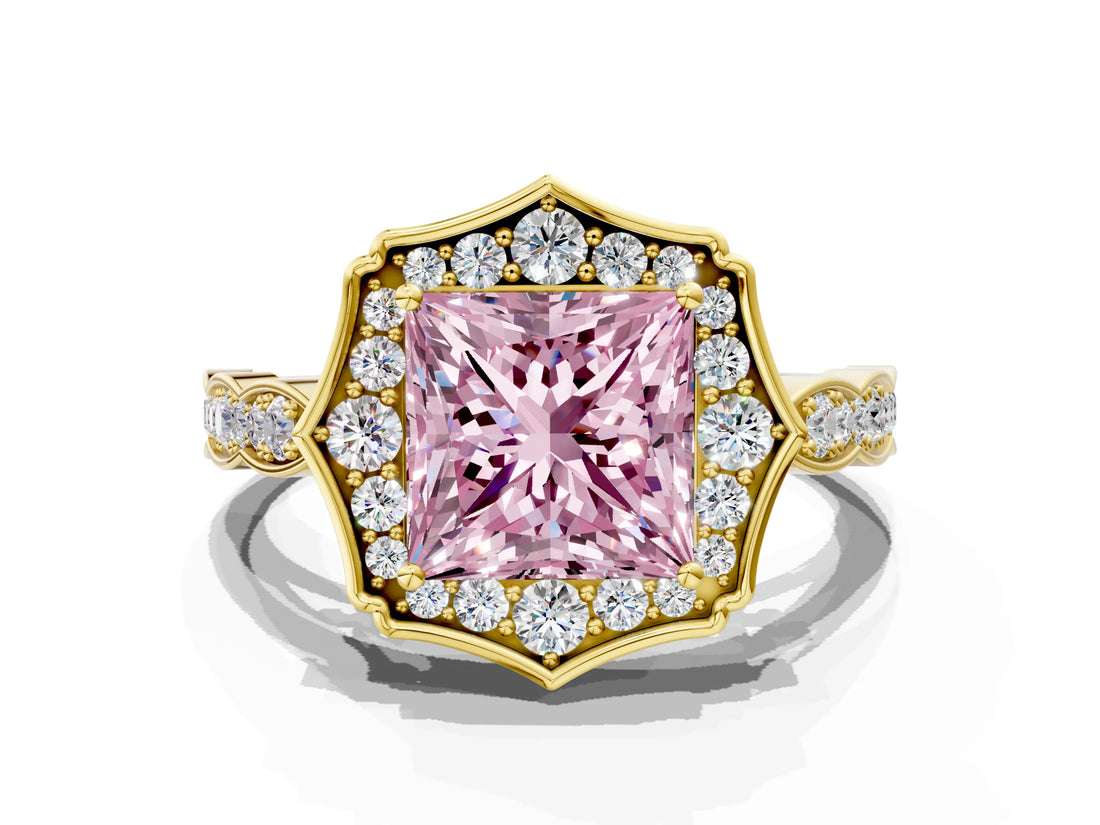 Yellow gold Fancy Pink Princess  Halo Diamond Engagement Ring with Milgrain Band and Four-Prong Setting_18