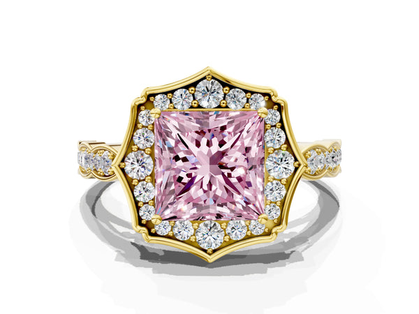 Yellow gold Fancy Pink Princess  Halo Diamond Engagement Ring with Milgrain Band and Four-Prong Setting