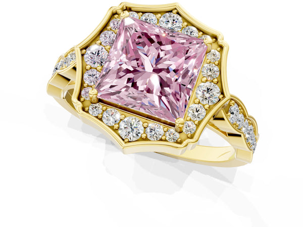 Yellow gold Fancy Pink Princess  Halo Diamond Engagement Ring with Milgrain Band and Four-Prong Setting