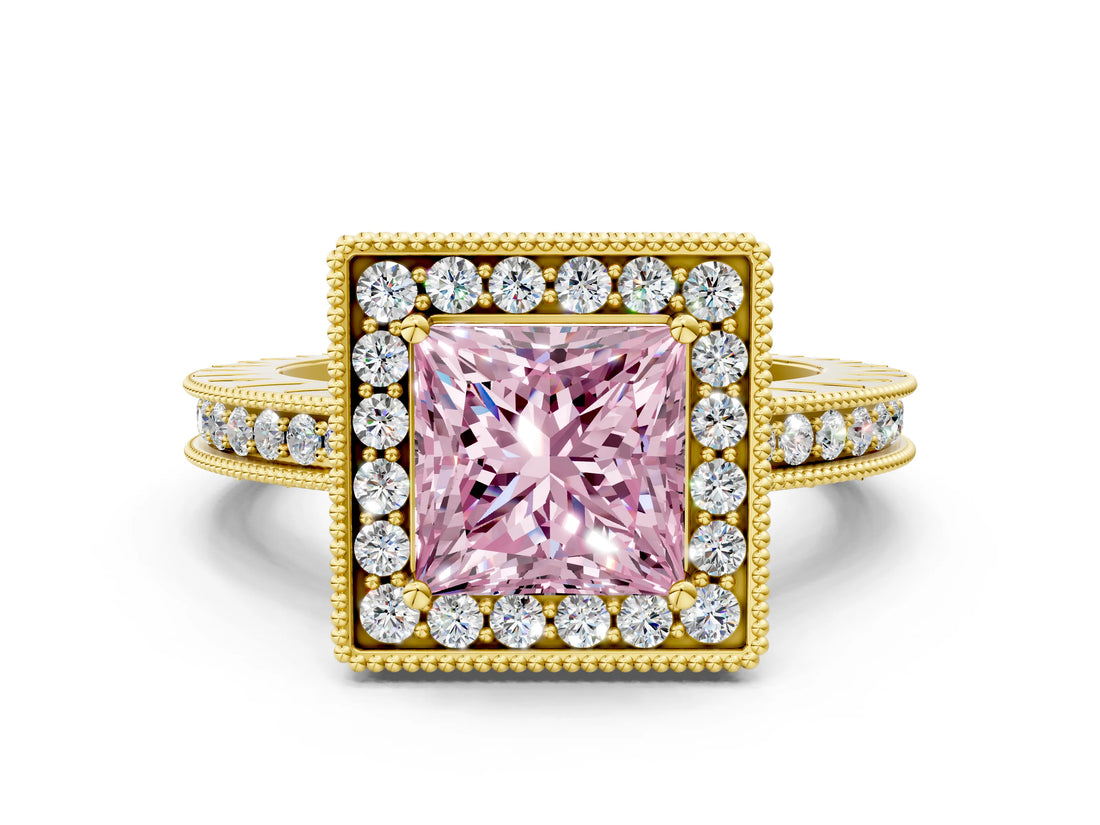 Yellow gold Fancy Pink Princess  Halo Diamond Engagement Ring with Milgrain Pave Band and Four-Prong Setting_12
