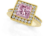 Yellow gold Fancy Pink Princess  Halo Diamond Engagement Ring with Milgrain Pave Band and Four-Prong Setting_13