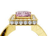 Yellow gold Fancy Pink Princess  Halo Diamond Engagement Ring with Milgrain Pave Band and Four-Prong Setting_16