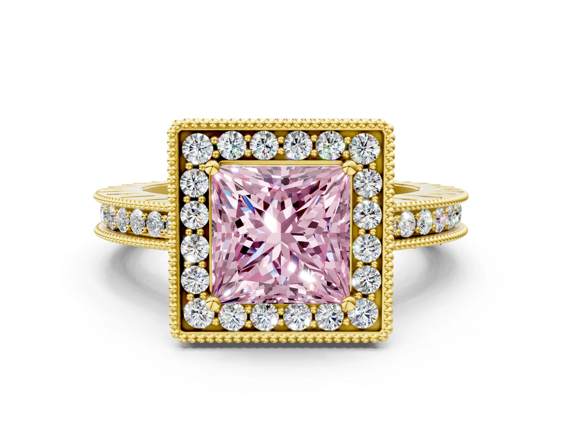 Yellow gold Fancy Pink Princess  Halo Diamond Engagement Ring with Milgrain Pave Band and Four-Prong Setting_95