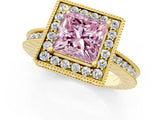 Yellow gold Fancy Pink Princess  Halo Diamond Engagement Ring with Milgrain Pave Band and Four-Prong Setting_96