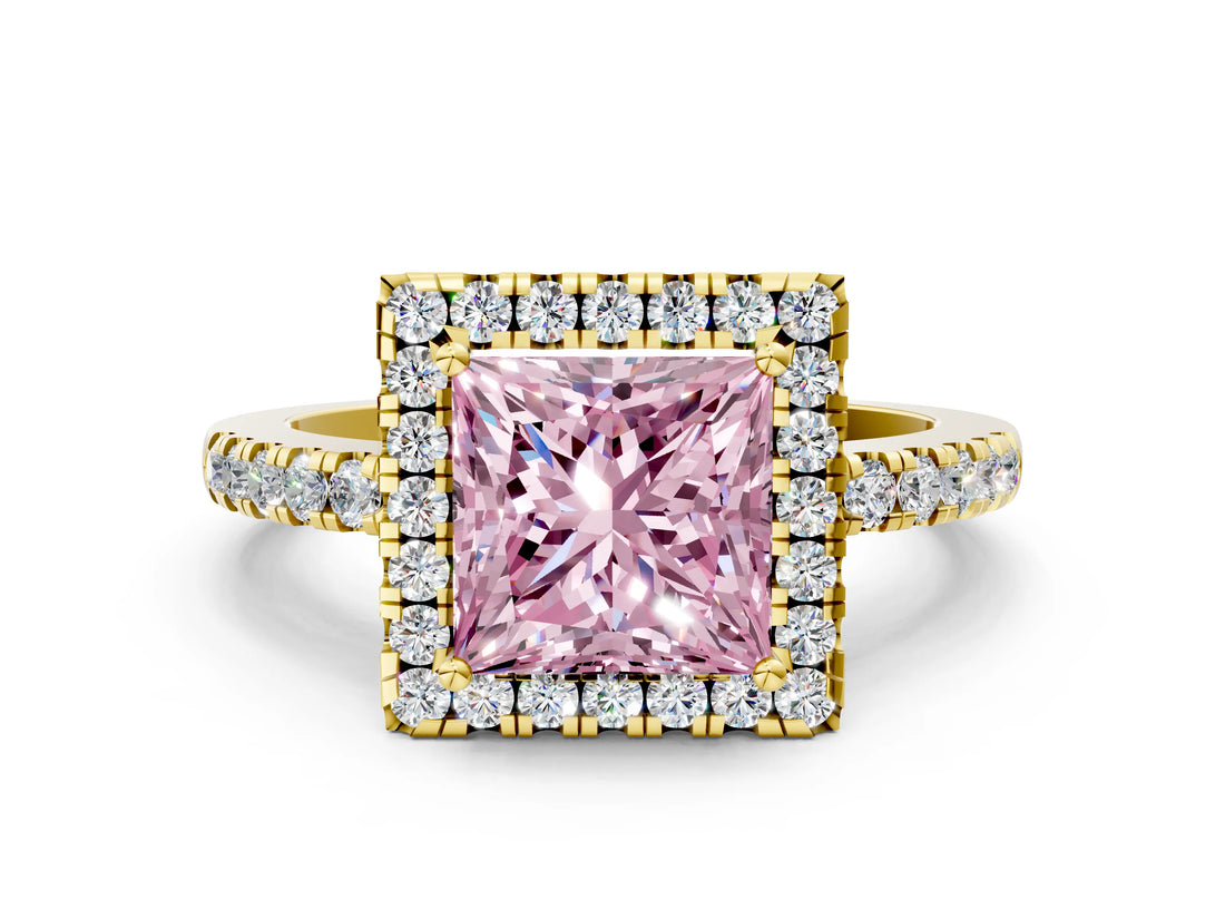 Yellow gold Fancy Pink Princess  Halo Diamond Engagement Ring with Pavé Band and Four-Prong Setting_27
