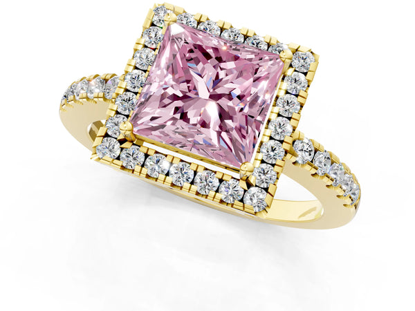 Yellow gold Fancy Pink Princess  Halo Diamond Engagement Ring with Pavé Band and Four-Prong Setting