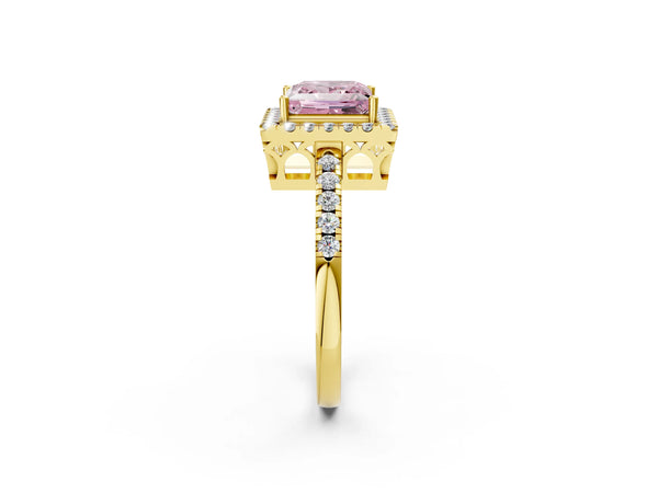 Yellow gold Fancy Pink Princess  Halo Diamond Engagement Ring with Pavé Band and Four-Prong Setting