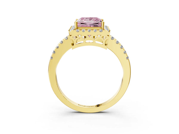 Yellow gold Fancy Pink Princess  Halo Diamond Engagement Ring with Pavé Band and Four-Prong Setting