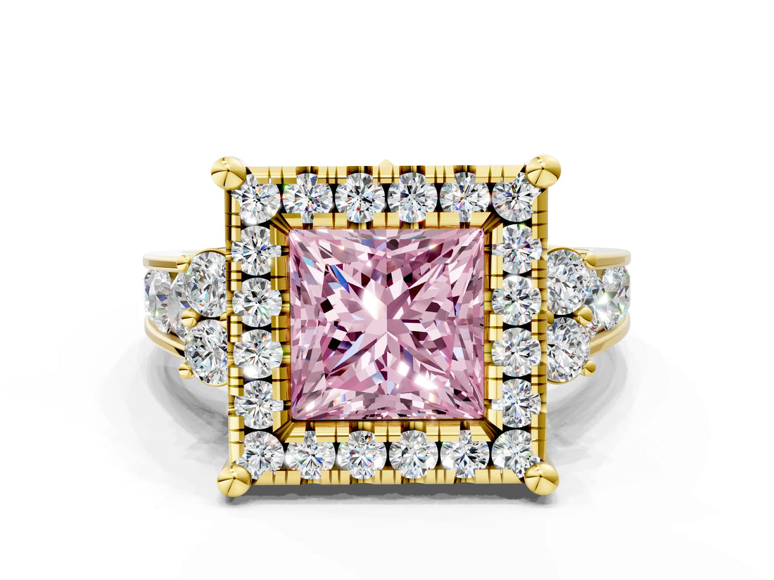 Yellow gold Fancy Pink Princess  Halo Diamond Engagement Ring with Split Shank and Four-Prong Setting