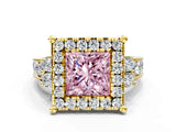 Yellow gold Fancy Pink Princess  Halo Diamond Engagement Ring with Split Shank and Four-Prong Setting