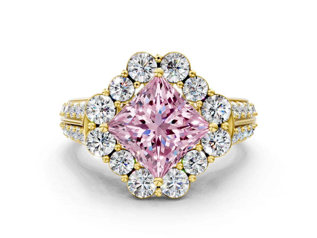 Yellow gold Fancy Pink Princess  Halo Diamond Engagement Ring with Split Shank and Prong Setting_29