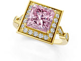 Yellow gold Fancy Pink Princess  Halo Diamond Engagement Ring with Twisted Band and Four-Prong Setting 1