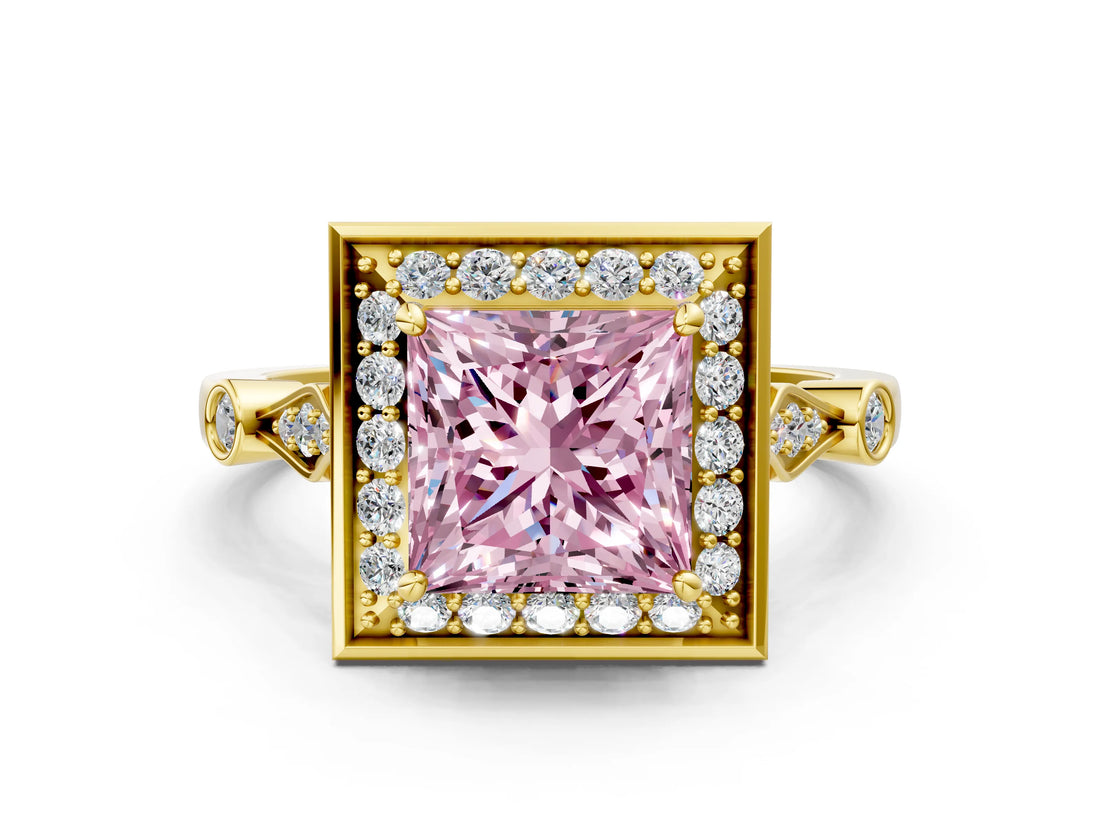 Yellow gold Fancy Pink Princess  Halo Diamond Engagement Ring with Twisted Band and Four-Prong Setting