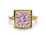 Yellow gold Fancy Pink Princess  Halo Diamond Engagement Ring with Twisted Band and Four-Prong Setting