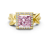 Yellow gold Fancy Pink Princess  Halo Diamond Floral Band with Four-Prong Setting_35