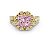 Yellow gold Fancy Pink Princess  Halo Diamond Floral Split Shank Engagement Ring 1
