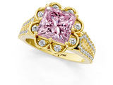 Yellow gold Fancy Pink Princess  Halo Diamond Floral Split Shank Engagement Ring 2