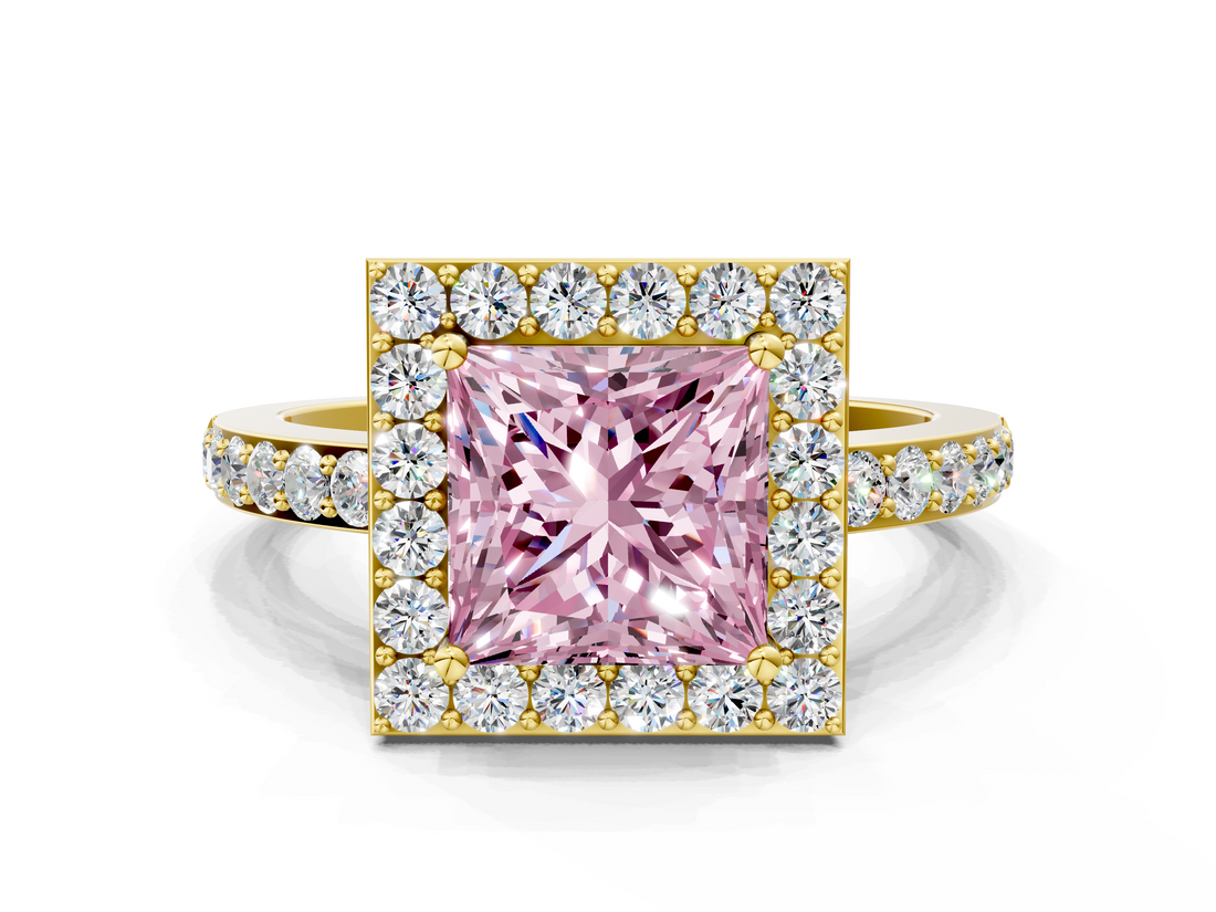 Yellow gold Fancy Pink Princess  Halo Diamond Pavé Band Ring with Prong Setting