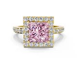 Yellow gold Fancy Pink Princess  Halo Diamond Pavé Band Ring with Prong Setting