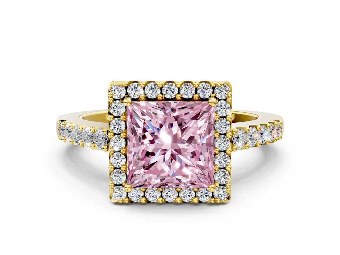 Yellow gold Fancy Pink Princess  Halo Diamond Pavé Solitaire Ring_51