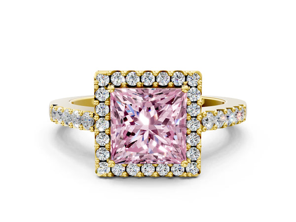 Yellow gold Fancy Pink Princess  Halo Diamond Pavé Solitaire Ring