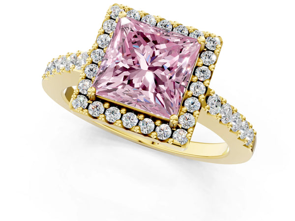 Yellow gold Fancy Pink Princess  Halo Diamond Pavé Solitaire Ring