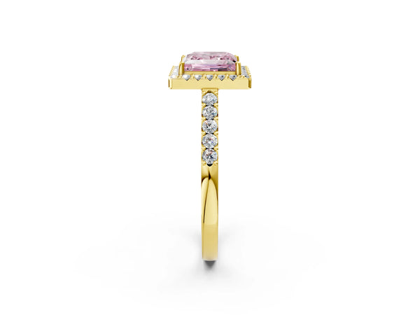 Yellow gold Fancy Pink Princess  Halo Diamond Pavé Solitaire Ring