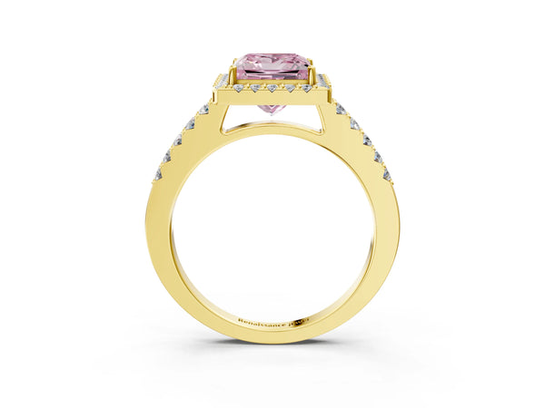 Yellow gold Fancy Pink Princess  Halo Diamond Pavé Solitaire Ring