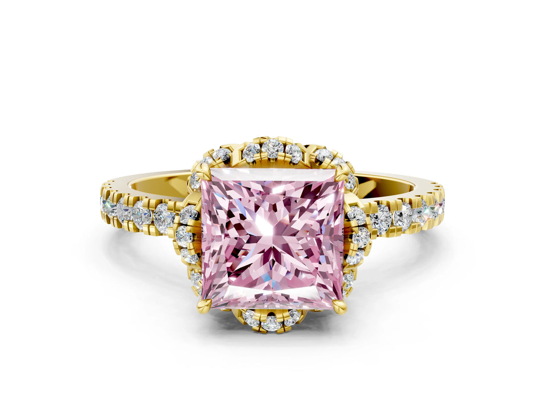 Yellow gold Fancy Pink Princess  Halo Diamond Pave Band Ring with Four-Prong Setting_15