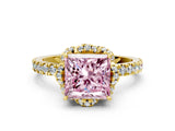 Yellow gold Fancy Pink Princess  Halo Diamond Pave Band Ring with Four-Prong Setting_15