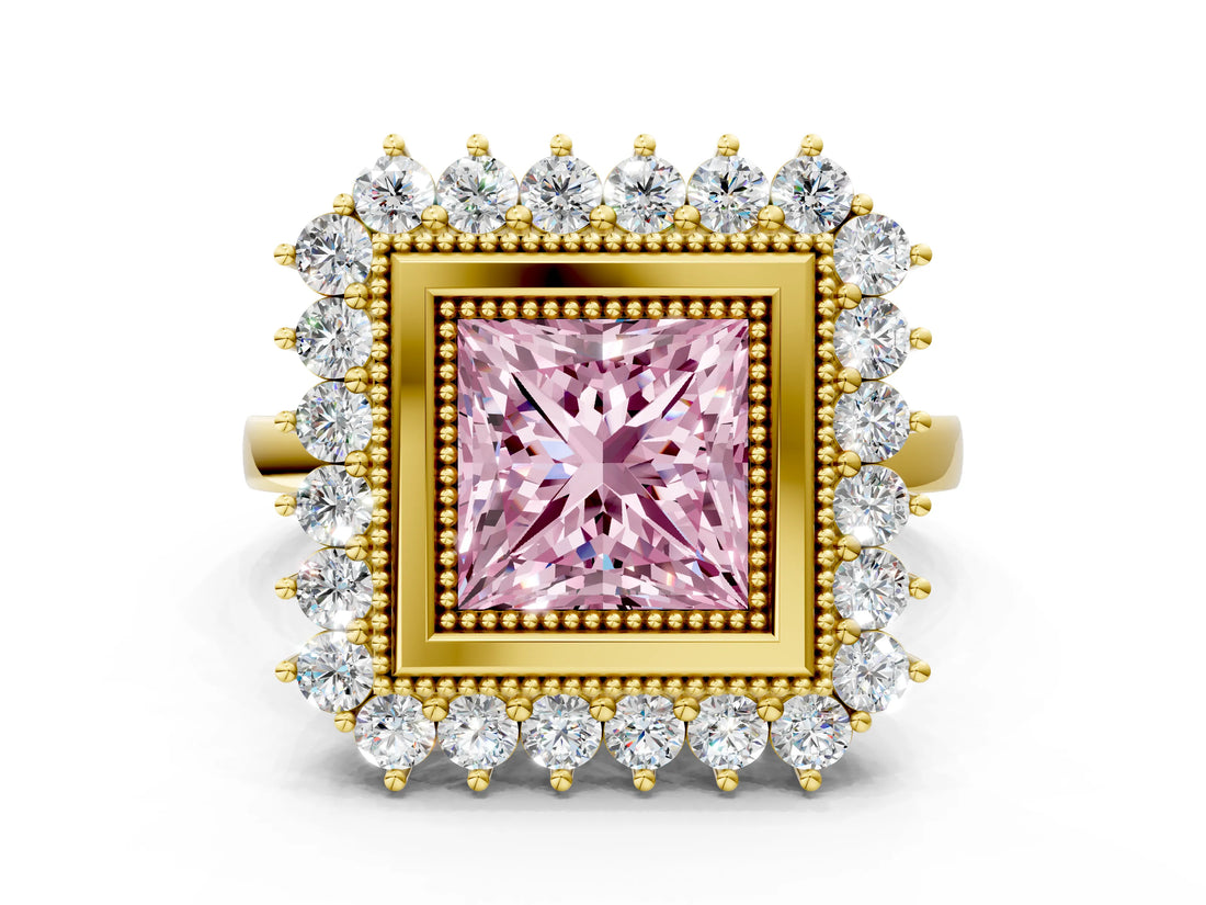 Yellow gold Fancy Pink Princess  Halo Diamond Ring with Milgrain Edge and Round Prong Setting_23