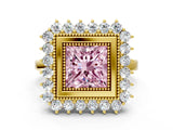 Yellow gold Fancy Pink Princess  Halo Diamond Ring with Milgrain Edge and Round Prong Setting_23
