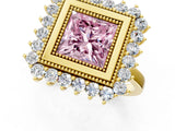 Yellow gold Fancy Pink Princess  Halo Diamond Ring with Milgrain Edge and Round Prong Setting_24