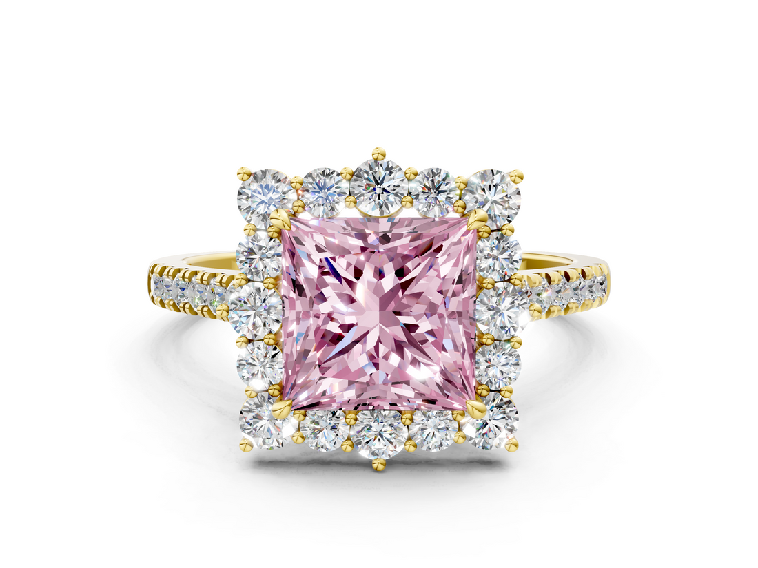 Yellow gold Fancy Pink Princess  Halo Diamond Ring with Pavé Band and Prong Setting