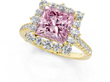 Yellow gold Fancy Pink Princess  Halo Diamond Ring with Pavé Band and Prong Setting_1