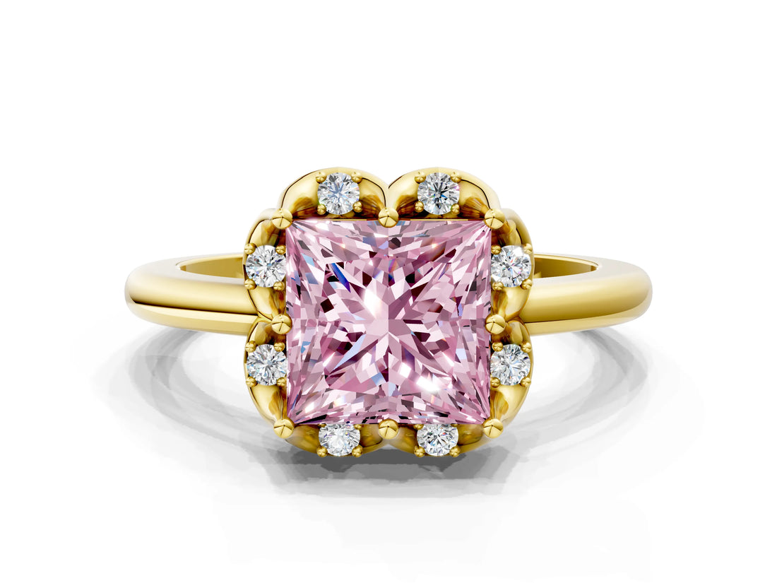 Yellow gold Fancy Pink Princess  Halo Diamond Ring with Round Cluster Setting, Solitaire Band, and Four-Prong Setting_34