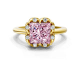 Yellow gold Fancy Pink Princess  Halo Diamond Ring with Round Cluster Setting, Solitaire Band, and Four-Prong Setting_34