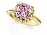 Yellow gold Fancy Pink Princess  Halo Diamond Ring with Round Cluster Setting, Solitaire Band, and Four-Prong Setting_35